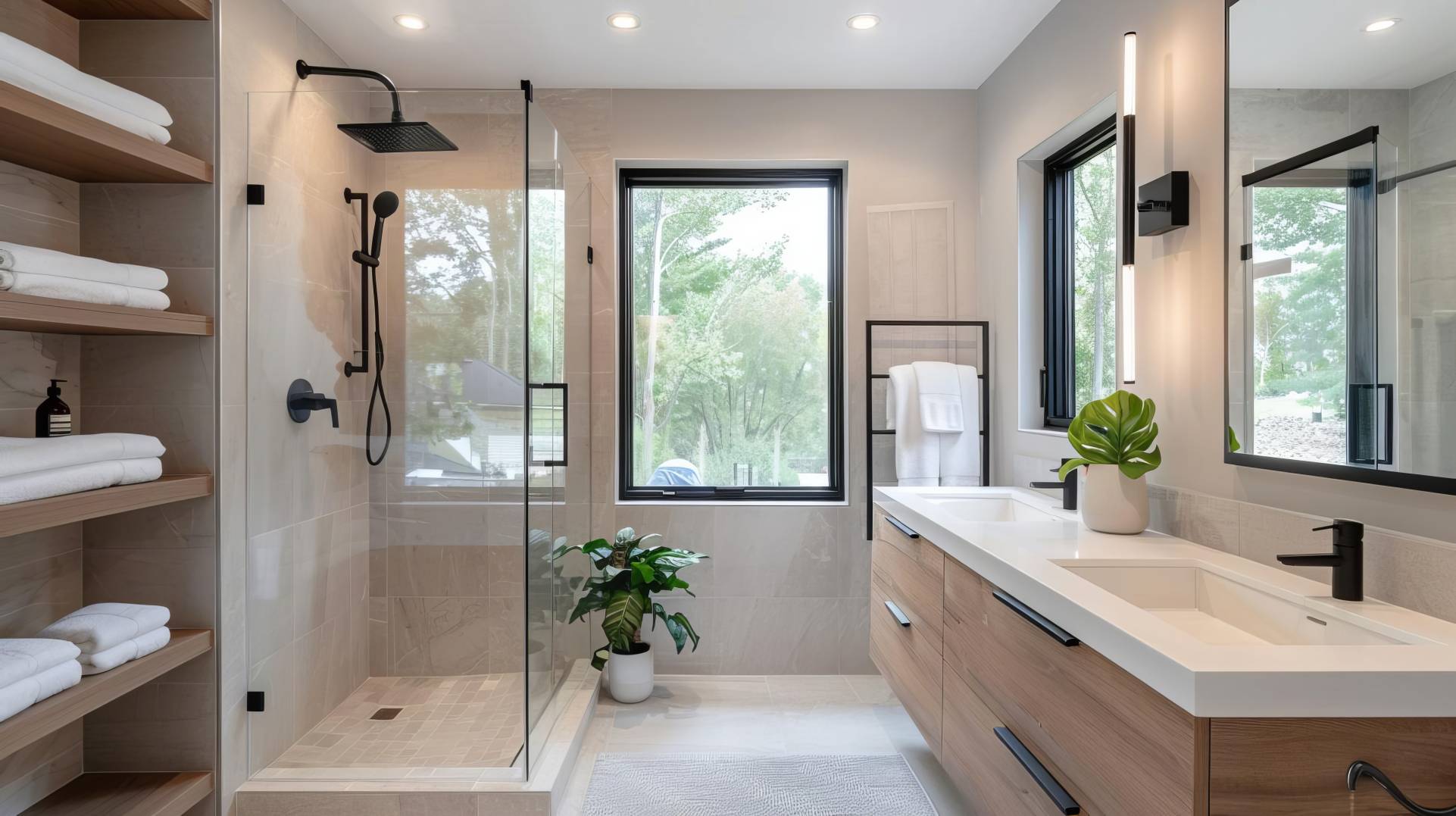 Salle de bain moderne rénovée avec douche à l'italienne, double vasque et rangements en bois – Projet AJLP RENOV'